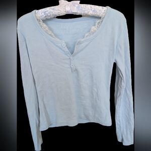 Light Blue Lace-Trim Henley Top